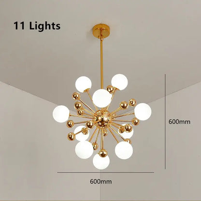 Modern golden acrylic molecule chandelier with 11 frosted glass globes in a starburst design for kitchen decorbites golden acrylic