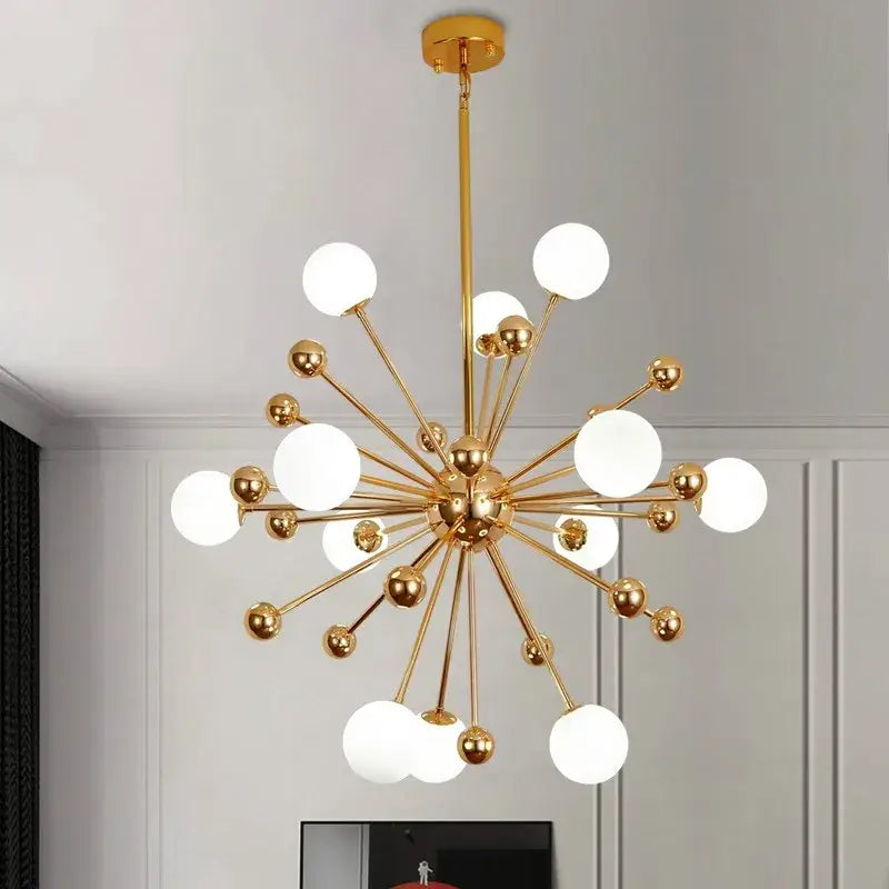 Modern golden acrylic molecule chandelier with frosted glass globe bulbs in a radial starburst design for decorbites golden acrylic decor