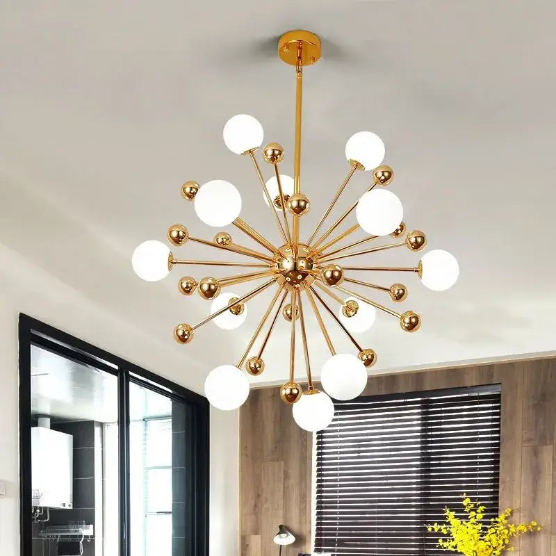 Modern golden acrylic molecule chandelier with gold finish and frosted glass globe bulbs for kitchen decorbites golden acrylic