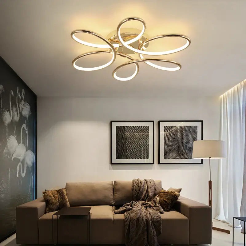 Modern golden aluminum ceiling lights with five interlocking circular rings flower design for living room decorbites ceiling lights