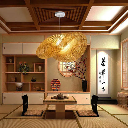 Modern golden bamboo woven chandelier pendant light with sculptural design for tea room lighting