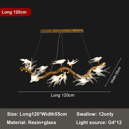Modern golden bird crystal glass branch chandelier with natural wood and resin swallow figures for living room decorbites bird crystal