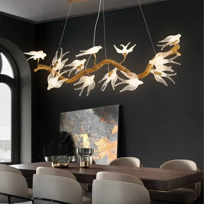 Modern golden bird crystal glass branch chandelier with translucent white bird figures for living room decorbites bird crystal