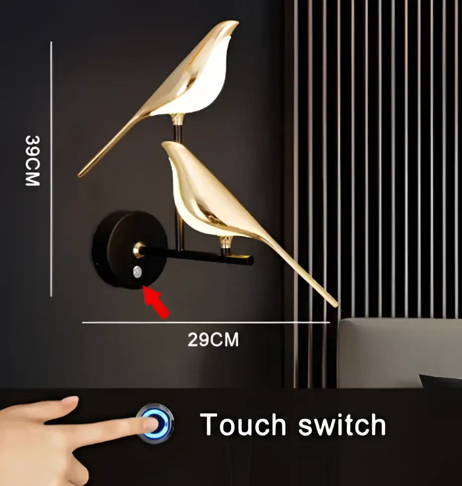 Modern golden bird led wall lamp with gold-toned minimalist design and touch switch control for bedroom decorbites golden bird