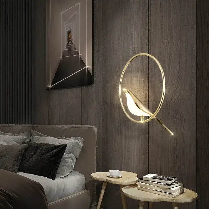 Modern golden bird led wall lamp with gold-toned bird sconce and circular frame ideal for bedroom decorbites golden bird decor