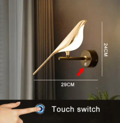 Modern golden bird led wall lamp with sleek gold-toned finish and integrated touch switch decorbites golden bird wall lamp