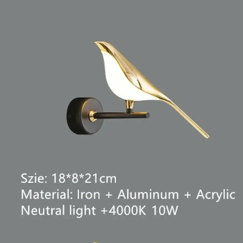 Modern golden bird led wall lamp with gold-toned minimalist bird sconce and iron aluminum mounting base decorbites golden bird