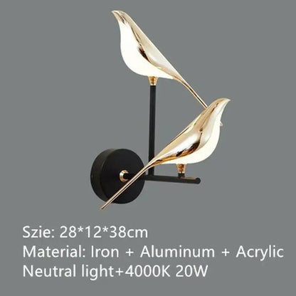 Modern golden bird led wall lamp featuring a sleek gold-toned metallic finish and black base by decorbites for bedroom use