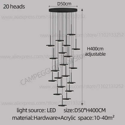Black led long modern chandelier with 20 circular led light heads in golden black led decorbites design for dining room staircase