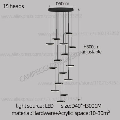 Modern golden black led long chandelier with 15 circular black led lights for staircase and dining room decorbites golden black