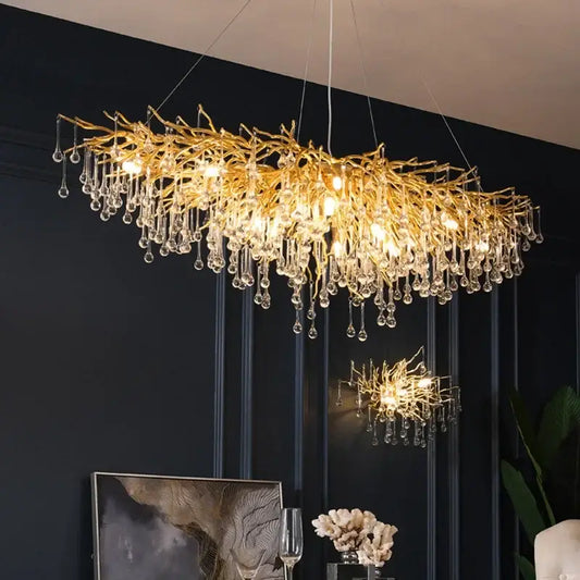 Modern golden branch crystal chandelier with dangling crystal droplets for luxury living room lighting decorbites golden branch