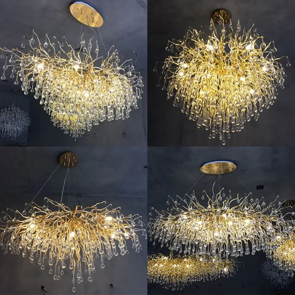 Modern golden branch crystal chandelier with dangling crystal droplets for luxury living room lighting decorbites golden branch