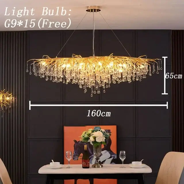 Modern golden branch decorbites crystal led chandelier with crystal drapes 160cm length for living room lighting