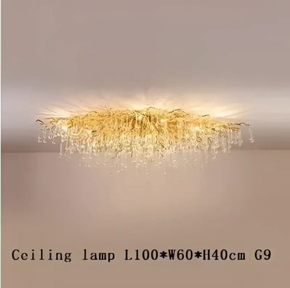Modern golden branch decorbites crystal led chandelier with cascading glass droplets and radiant sunburst design for living room