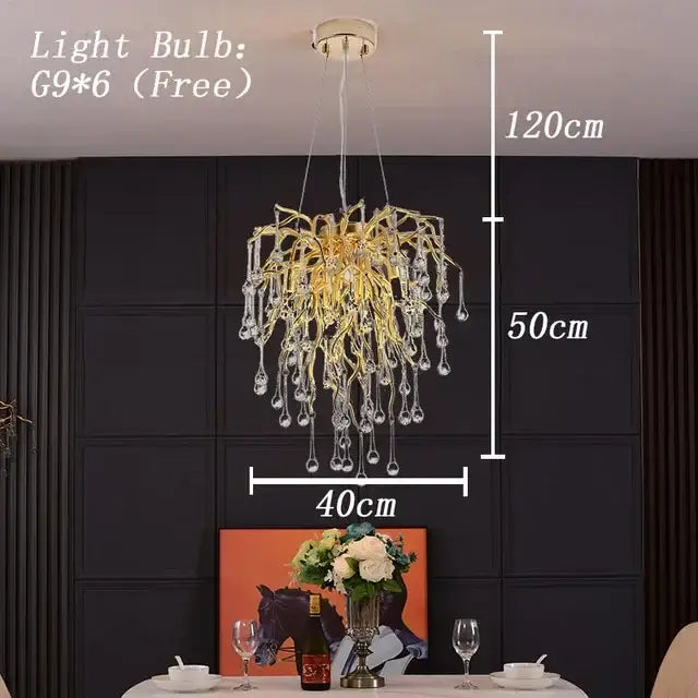 Modern golden branch crystal led chandelier with gold-toned arms and crystal droplets, 120cm tall by decorbites crystal led
