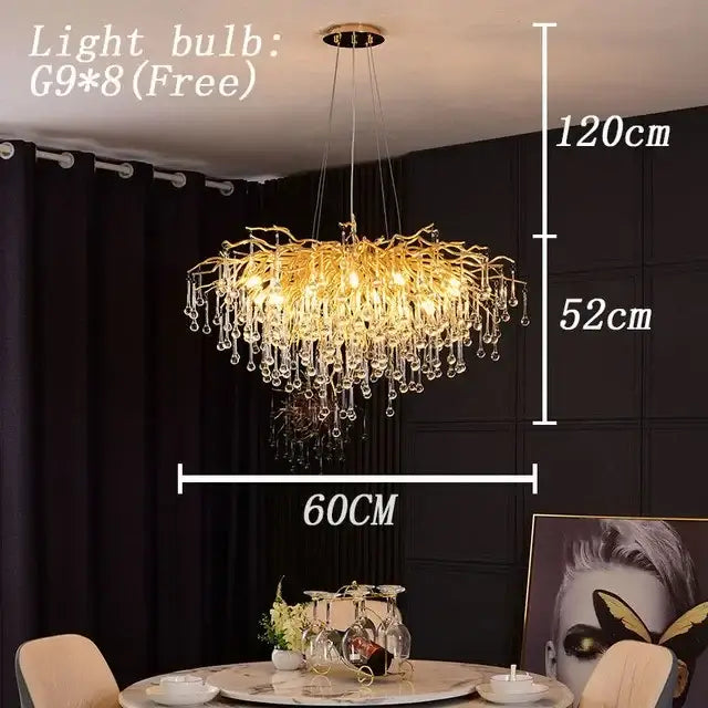 Modern golden branch crystal led chandelier with dangling crystal droplets for living room decor by decorbites crystal led