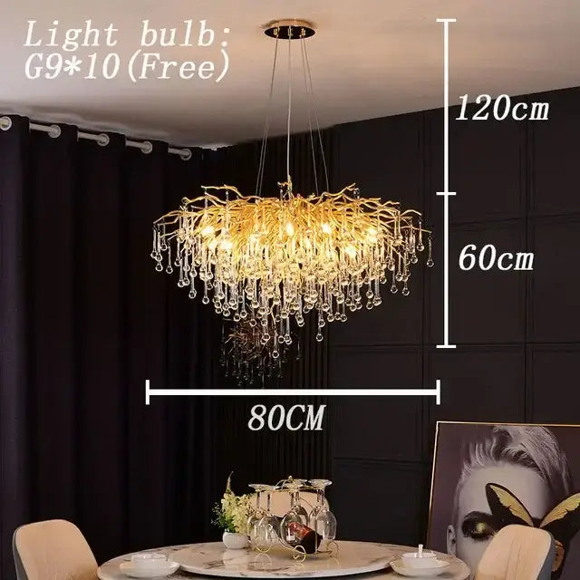 Modern golden branch crystal led chandelier with dangling crystal droplets for living room decorbites crystal led lighting