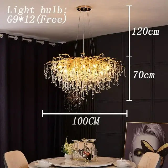 Modern golden branch crystal led chandelier with dangling droplets for living room decorbites crystal led lighting