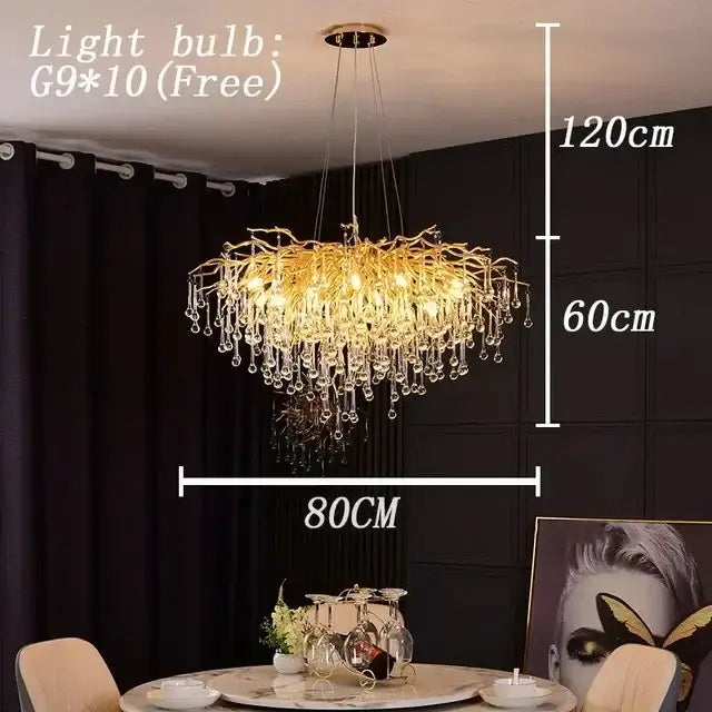 Modern golden branch crystal led living room chandelier with dangling crystal droplets for decorbites crystal led decor