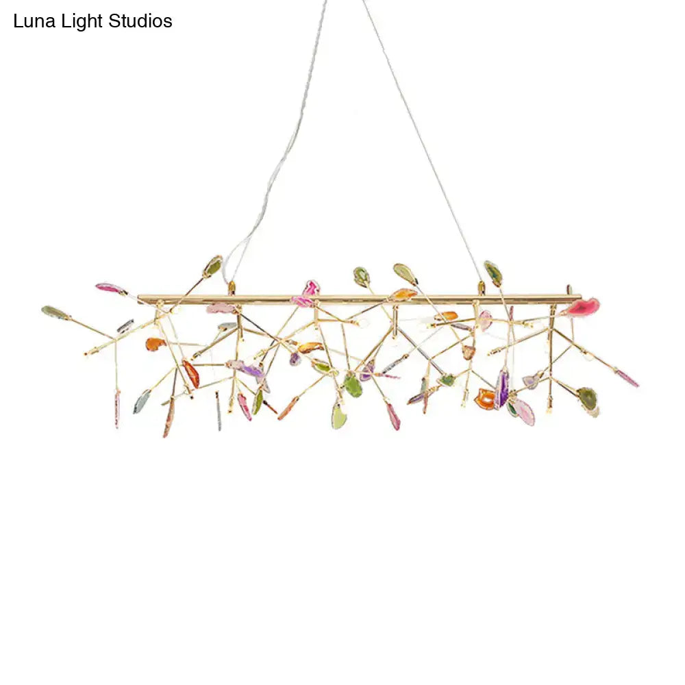 DecorBites modern metal LED island light fixture with gold frame agate accent and colorful gemstone leaves cord length adjustable