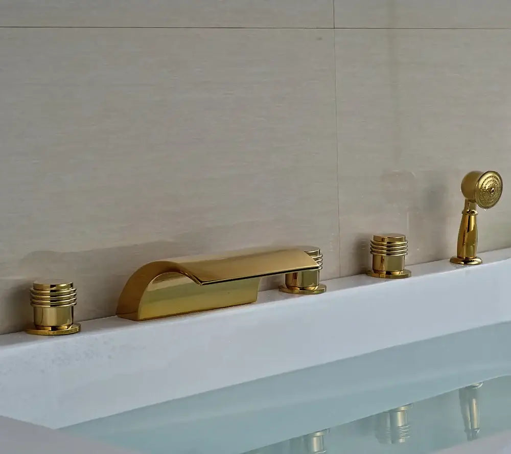 Modern golden brass bathtub faucet with decorbites golden brass finish featuring curved spout and two handles