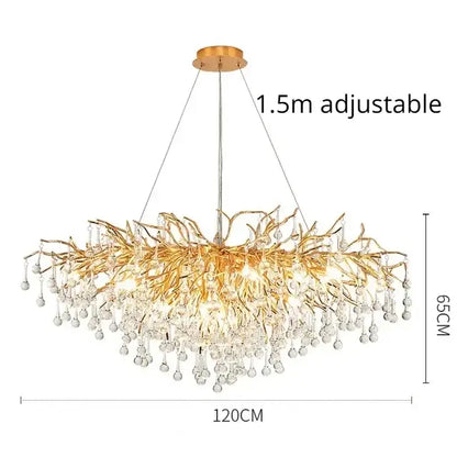 Modern decorbites golden chandelier with intricate branch arms and crystal droplets for dining room decor