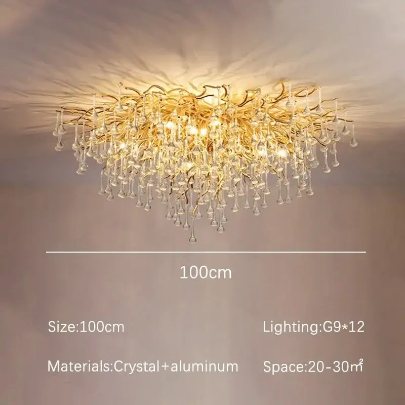 Modern golden chandelier branch crystal lamp featuring dangling crystal droplets for dining room by decorbites golden chandelier