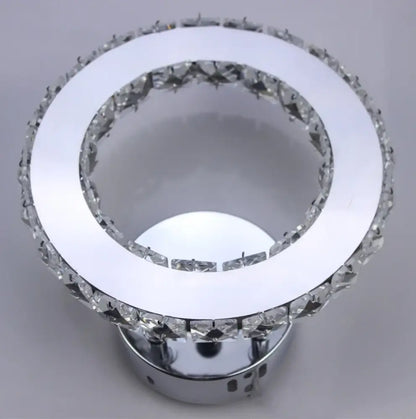 Modern golden chrome crystal led wall sconce with circular chrome finish and clear faceted crystal decorbites chrome crystal accents
