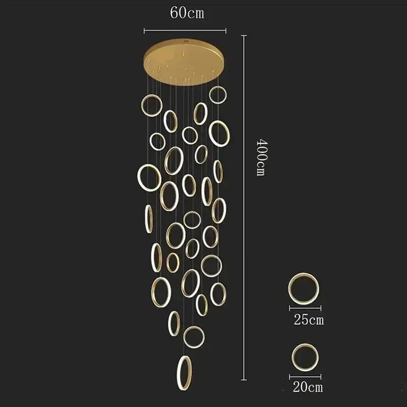 Gold-toned circular pendant lights with multiple hanging rings modern minimalist led pendant for living and dining room