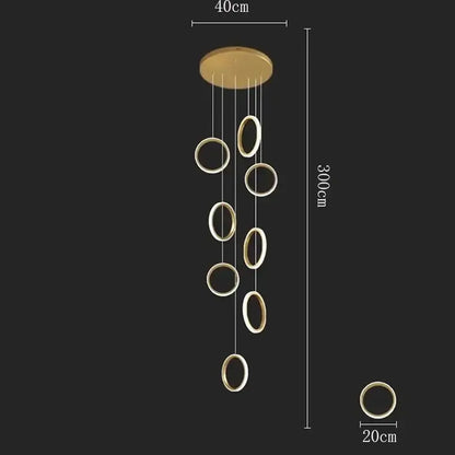 Gold-toned DecorBites™ modern minimalist LED pendant light fixture with circular rings for living and dining rooms