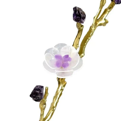Modern golden crystal flower tree sculpture featuring a gold-toned branch pendant with white and purple flower decorbites crystal flower
