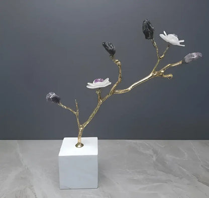 Modern golden crystal flower tree sculpture with white and purple amethyst flowers on white marble base decorbites decor