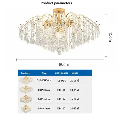 Modern golden crystal led chandelier with cascading clear crystal droplets and branch-like metal frame for living room decorbites crystal led