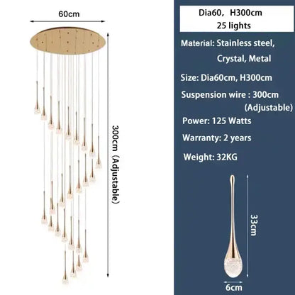 Modern golden crystal led staircase chandelier with circular stainless steel top and 25 crystal encrusted lights by decorbites