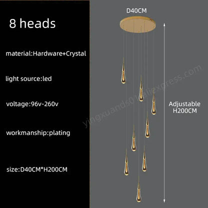 Modern golden crystal pendant chandelier with eight teardrop led light heads by decorbites crystal pendant for living room decor