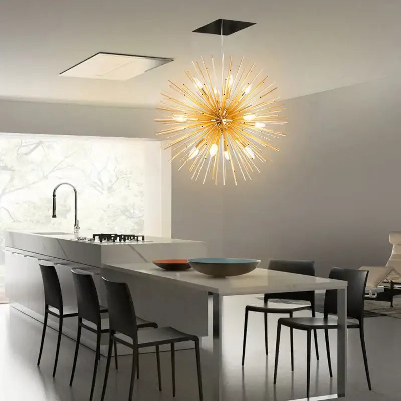 Modern golden dandelion ball chandelier with slender metallic arms and exposed bulbs for stylish bedroom decor by decorbites dandelion ball