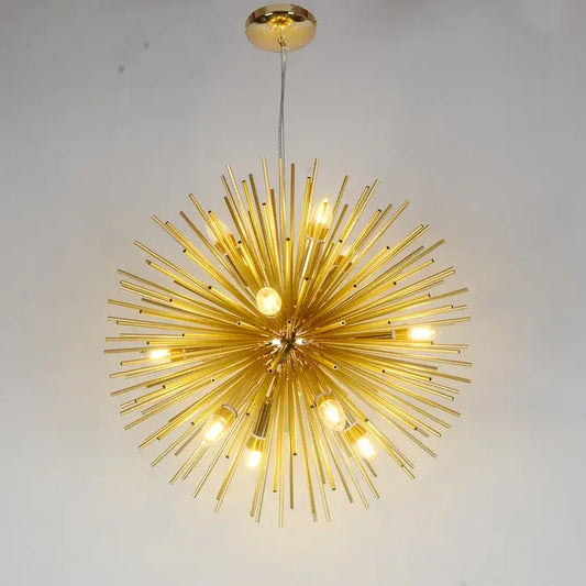 Modern golden dandelion ball chandelier with spiky starburst design and exposed bulbs for bedroom decorbites dandelion ball decor