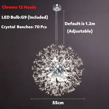 Modern golden dandelion spark led chandelier with 12 chrome heads and 70 crystal branches for decorbites dandelion spark decor