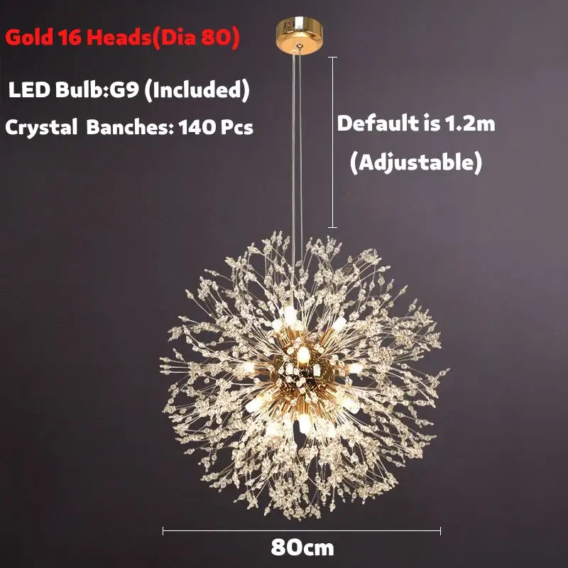 Modern golden dandelion spark led chandelier with 16 crystal heads and 140 clear crystal branches for living room decorbites dandelion spark