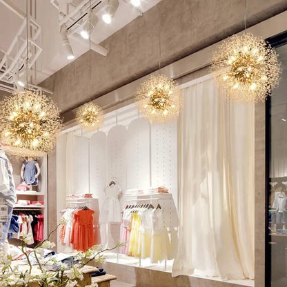 Modern golden dandelion spark led chandelier with intricate wireframe design and warm glowing lights for living room decorbites dandelion spark