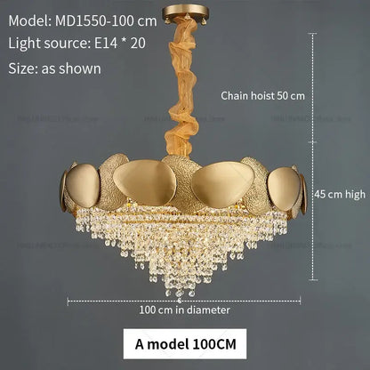 Modern golden decorbites crystal chandelier with textured oval metallic plates and cascading crystal droplets for living room