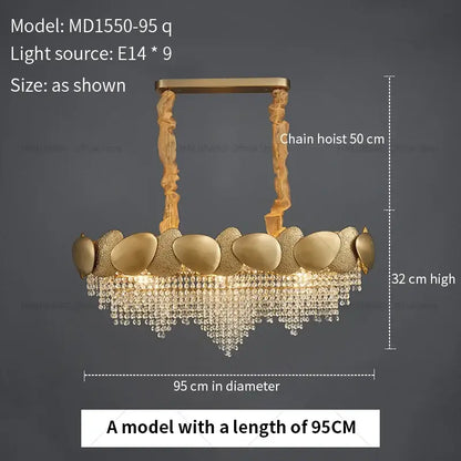 Modern golden decorbites crystal chandelier with ornate twisted chains and cascading crystal beads for living room