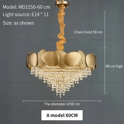 Modern golden decorbites crystal chandelier featuring a gold-toned shell-like structure with cascading crystal droplets for living room