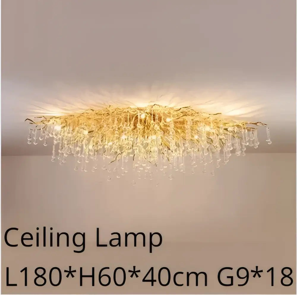 Modern golden decorbites crystal dendritic chandelier featuring cascading glass droplets and intricate metal framework