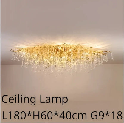 Modern golden decorbites crystal dendritic chandelier featuring cascading glass droplets and intricate metal framework