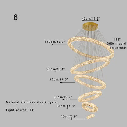 Modern golden decorbites crystal ring chandelier with multiple glowing crystal rings and gold stainless steel mount