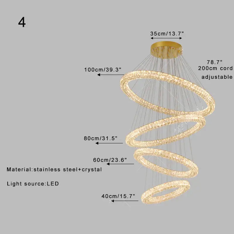 Modern golden decorbites crystal ring chandelier featuring gold-toned spiral with crystal-encrusted rings and led lighting