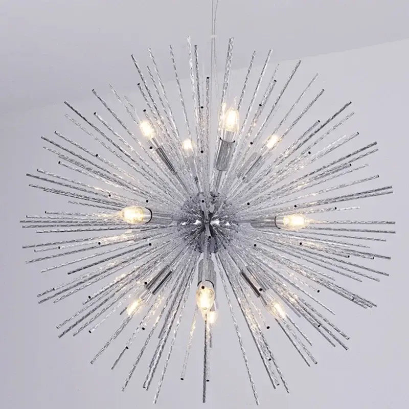 Modern golden decorbites geometric starburst chandelier featuring silver spiky design with glowing bulbs and textured glass rods