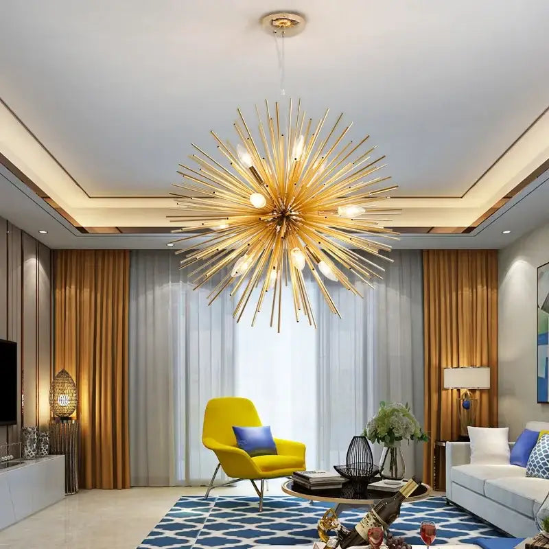 Modern golden decorbites geometric starburst chandelier with slender metallic arms and exposed bulbs for dining room light