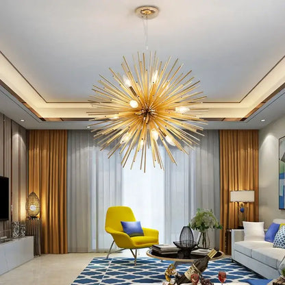 Modern golden decorbites geometric starburst chandelier with slender metallic arms and exposed bulbs for dining room light
